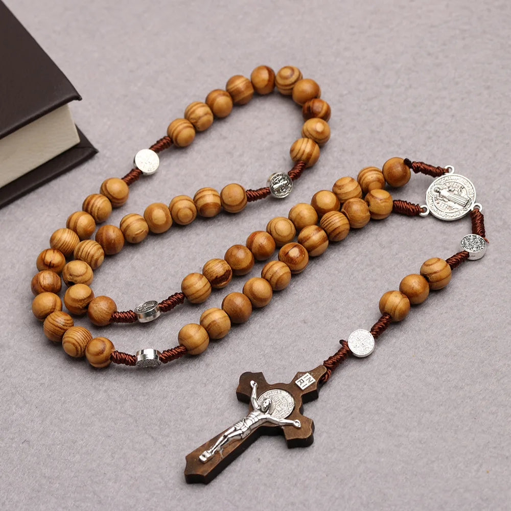 Catholic Wood Beaded Rosary Necklaces For Women Christian INRI Crucifix Cross Pendant Long Chain Men Religion Prayer Jewelry Leedoar