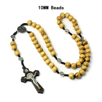 Catholic Wood Beaded Rosary Necklaces For Women Christian INRI Crucifix Cross Pendant Long Chain Men Religion Prayer Jewelry Leedoar