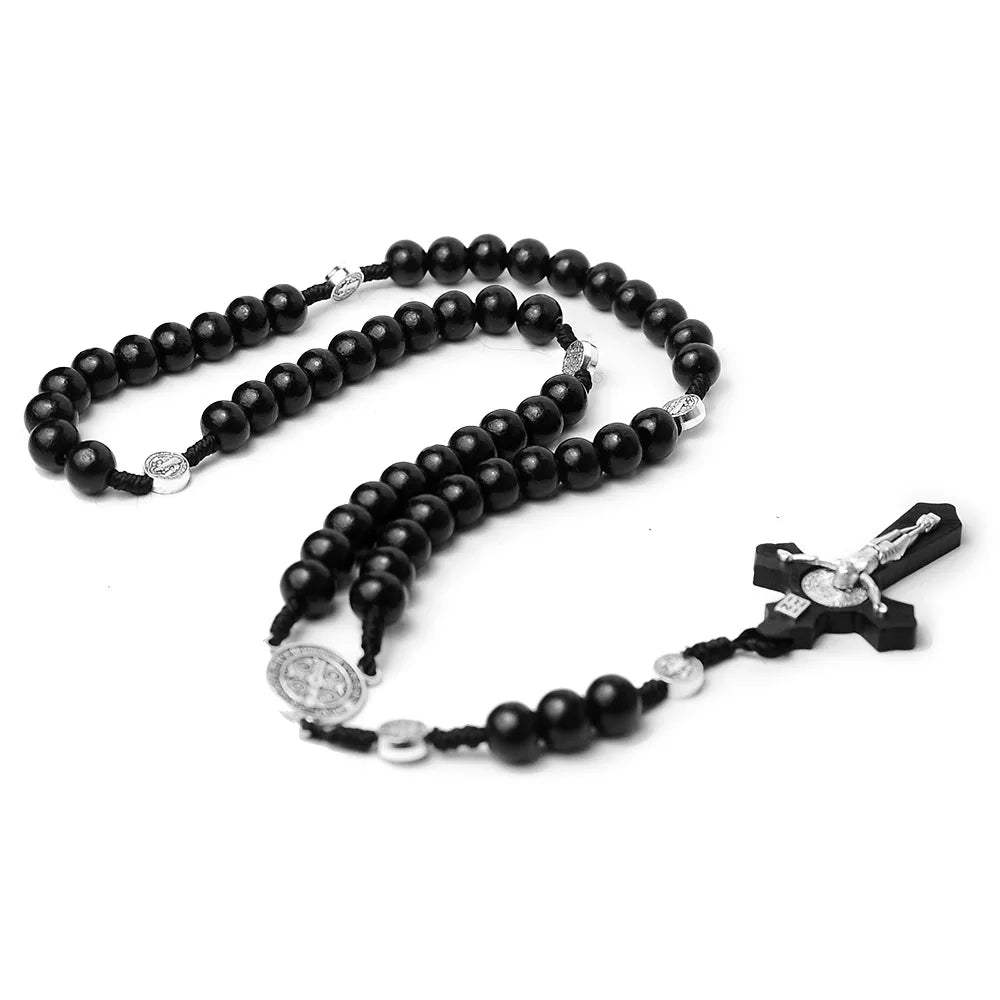 Catholic Wood Beaded Rosary Necklaces For Women Christian INRI Crucifix Cross Pendant Long Chain Men Religion Prayer Jewelry Leedoar