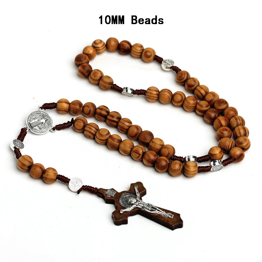 Catholic Wood Beaded Rosary Necklaces For Women Christian INRI Crucifix Cross Pendant Long Chain Men Religion Prayer Jewelry Leedoar