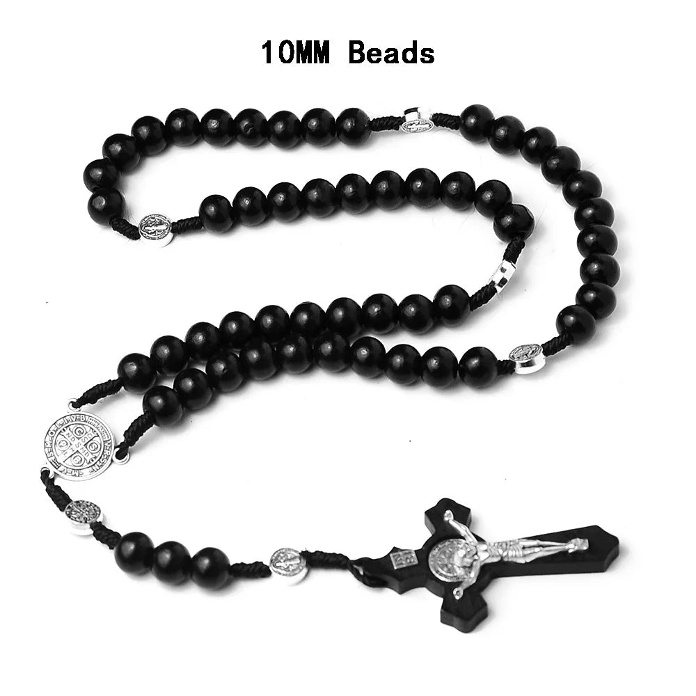 Catholic Wood Beaded Rosary Necklaces For Women Christian INRI Crucifix Cross Pendant Long Chain Men Religion Prayer Jewelry Leedoar