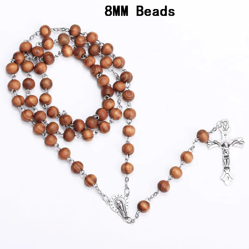 Catholic Wood Beaded Rosary Necklaces For Women Christian INRI Crucifix Cross Pendant Long Chain Men Religion Prayer Jewelry Leedoar