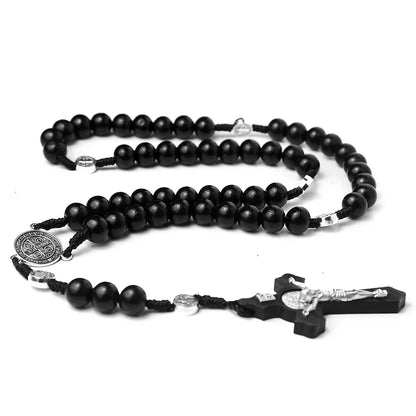 Catholic Wood Beaded Rosary Necklaces For Women Christian INRI Crucifix Cross Pendant Long Chain Men Religion Prayer Jewelry Leedoar