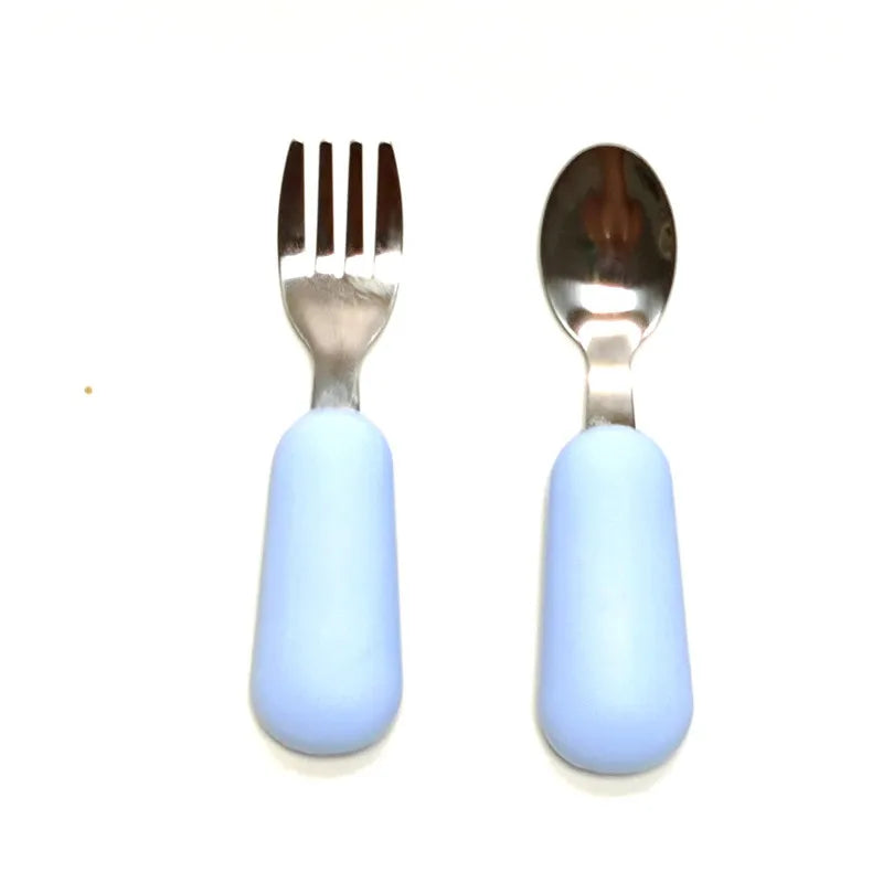 Children Fork Spoon Set Baby Fork Spoon Short Handle Stainless Steel Silicone Fork Spoon Baby Supplement Fork Spoon Leedoar