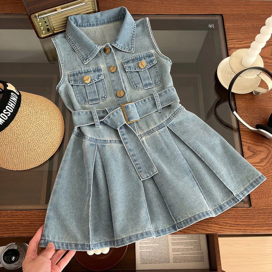 Children Girls Fashion Sleeveless Denim Dress 2024 Summer Cool Baby Girls Casual Vest Dresses Leedoar