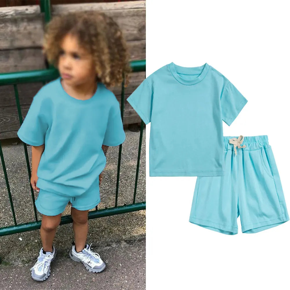 Children New Summer Sets Toddler Boy Girl Solid Sports T-shirts and Shorts 2pcs Set Kids Casual Tracksuits Suits 0-6Y Leedoar