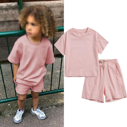 Children New Summer Sets Toddler Boy Girl Solid Sports T-shirts and Shorts 2pcs Set Kids Casual Tracksuits Suits 0-6Y Leedoar