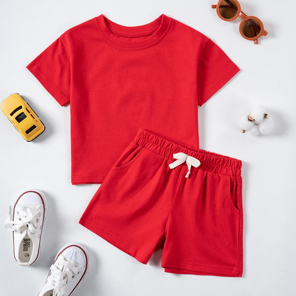 Children New Summer Sets Toddler Boy Girl Solid Sports T-shirts and Shorts 2pcs Set Kids Casual Tracksuits Suits 0-6Y Leedoar