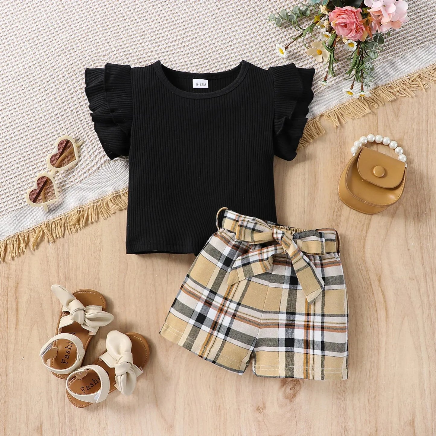 Children Sets New Summer Pure Black Sleeveless T-shirt +Causal Shorts 3Pcs Baby Girls Suit Infant Newborn Fashion Clothes Leedoar