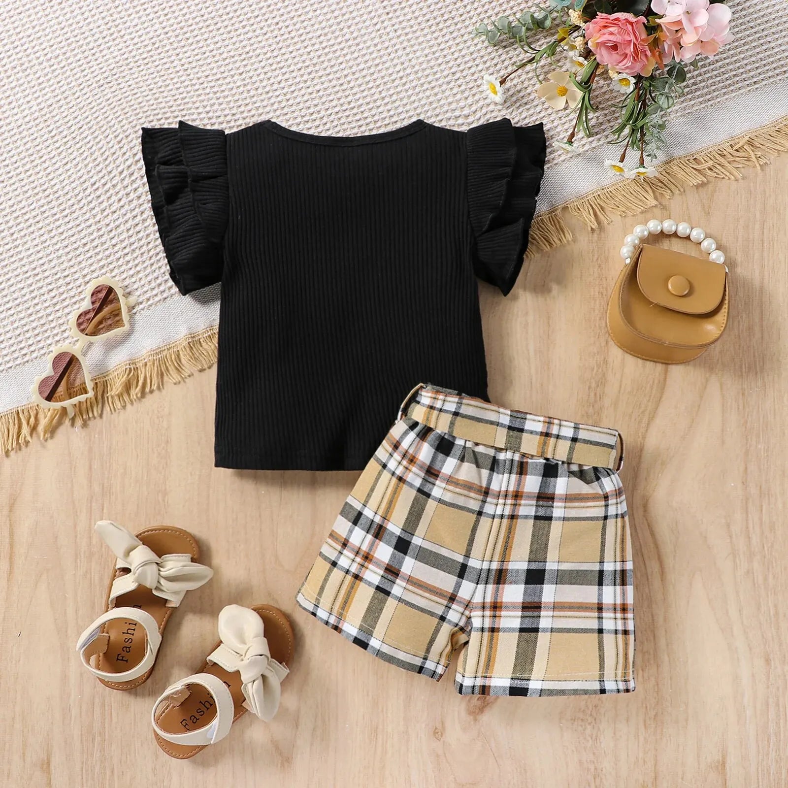 Children Sets New Summer Pure Black Sleeveless T-shirt +Causal Shorts 3Pcs Baby Girls Suit Infant Newborn Fashion Clothes Leedoar