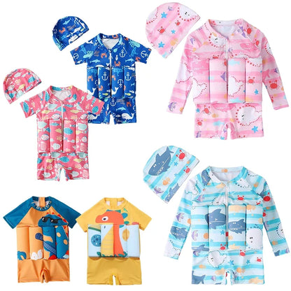 Children's Buoyancy Swimsuit Cartoon Print Swimwear Kid One-Piece Floating Rash Guards Bathing Clothes Boys Girls Swimming Suits Leedoar