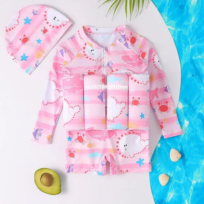 Children's Buoyancy Swimsuit Cartoon Print Swimwear Kid One-Piece Floating Rash Guards Bathing Clothes Boys Girls Swimming Suits Leedoar