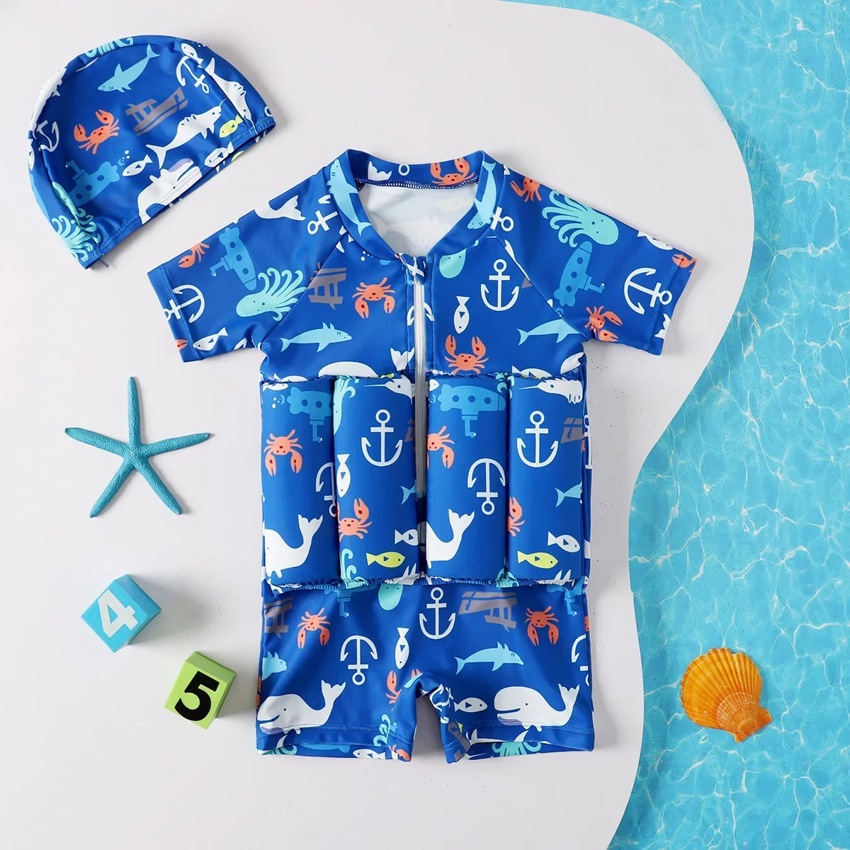 Children's Buoyancy Swimsuit Cartoon Print Swimwear Kid One-Piece Floating Rash Guards Bathing Clothes Boys Girls Swimming Suits Leedoar