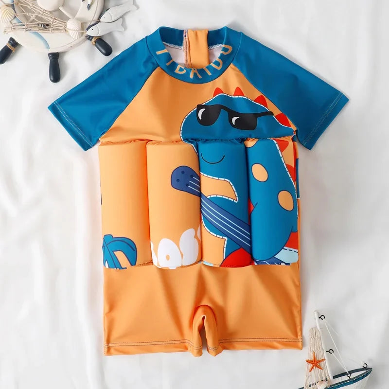 Children's Buoyancy Swimsuit Cartoon Print Swimwear Kid One-Piece Floating Rash Guards Bathing Clothes Boys Girls Swimming Suits Leedoar