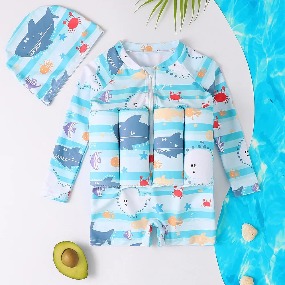 Children's Buoyancy Swimsuit Cartoon Print Swimwear Kid One-Piece Floating Rash Guards Bathing Clothes Boys Girls Swimming Suits Leedoar