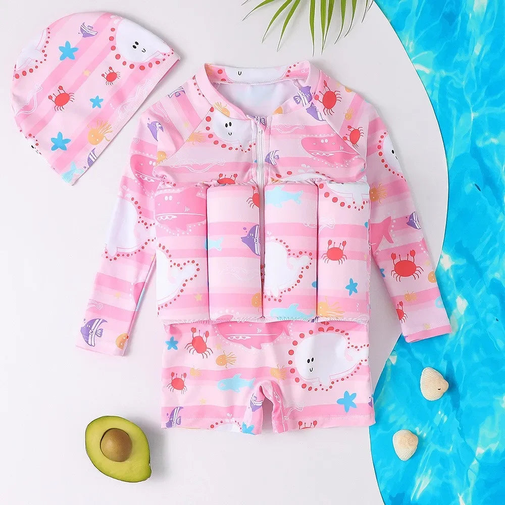 Children's Buoyancy Swimsuit Cartoon Print Swimwear Kid One-Piece Floating Rash Guards Bathing Clothes Boys Girls Swimming Suits Leedoar