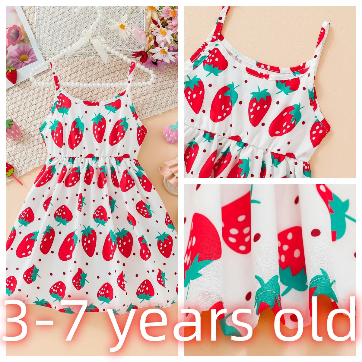 Children's Clothing Girl's Sling Strawberry Print Pattern Dress Sweet And Cute Summer Casual Dress for Girls Aged 3-7 Years Leedoar