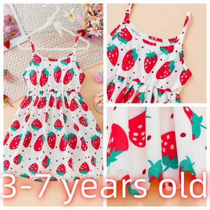 Children's Clothing Girl's Sling Strawberry Print Pattern Dress Sweet And Cute Summer Casual Dress for Girls Aged 3-7 Years Leedoar