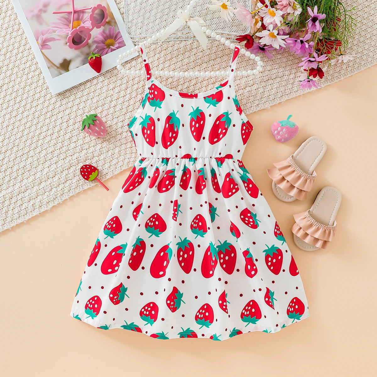 Children's Clothing Girl's Sling Strawberry Print Pattern Dress Sweet And Cute Summer Casual Dress for Girls Aged 3-7 Years Leedoar