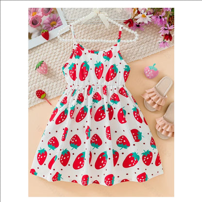 Children's Clothing Girl's Sling Strawberry Print Pattern Dress Sweet And Cute Summer Casual Dress for Girls Aged 3-7 Years Leedoar