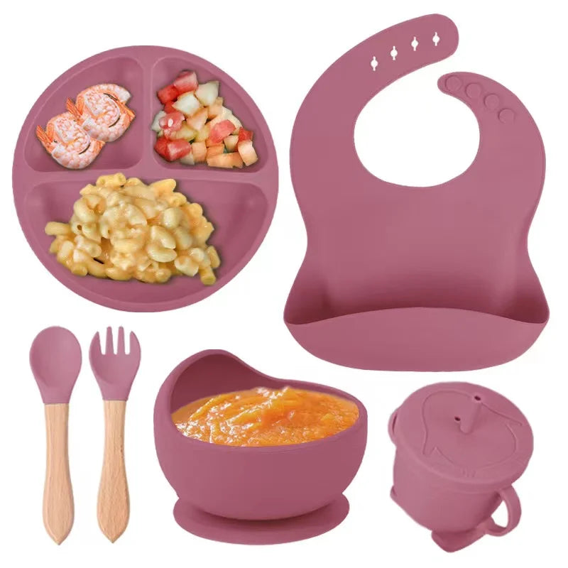 Children's Dishes Set Baby Silicone 6/8-piece Tableware Set Suction Cups Forks Spoons Bibs Straws Cups Mother and Baby Supplies Leedoar