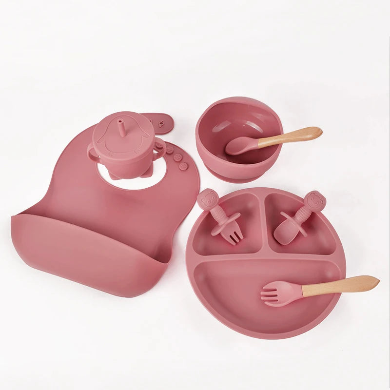 Children's Dishes Set Baby Silicone 6/8-piece Tableware Set Suction Cups Forks Spoons Bibs Straws Cups Mother and Baby Supplies Leedoar