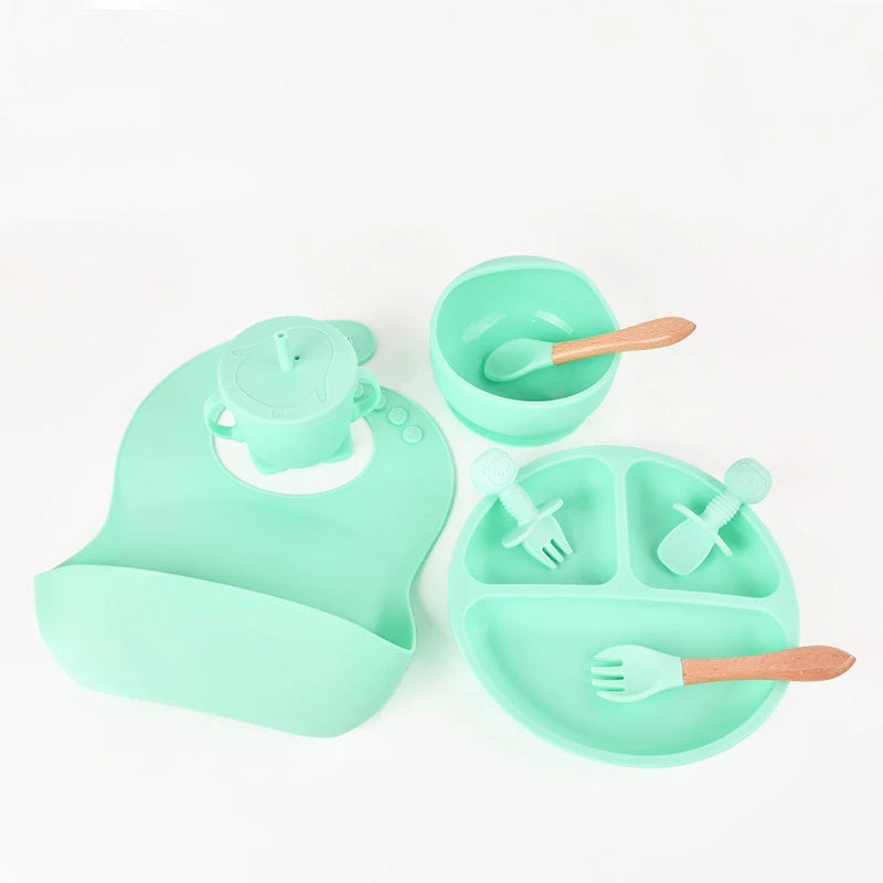 Children's Dishes Set Baby Silicone 6/8-piece Tableware Set Suction Cups Forks Spoons Bibs Straws Cups Mother and Baby Supplies Leedoar