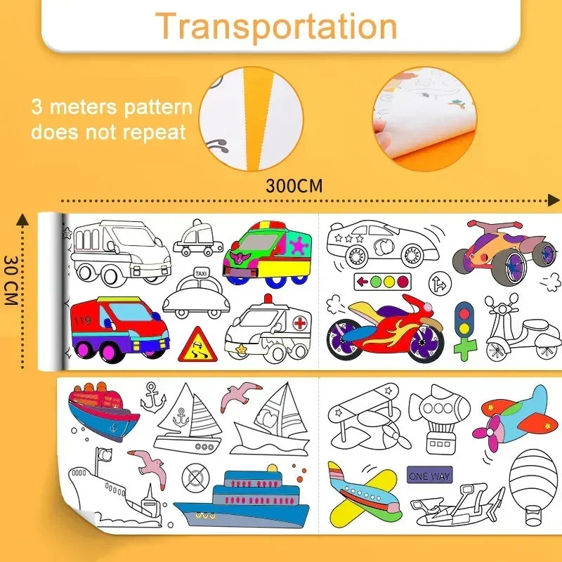 Rolo de desenho infantil, papel de enchimento colorido pegajoso, rolo de papel para colorir de grafite para crianças, pintura faça você mesmo, brinquedos educativos 