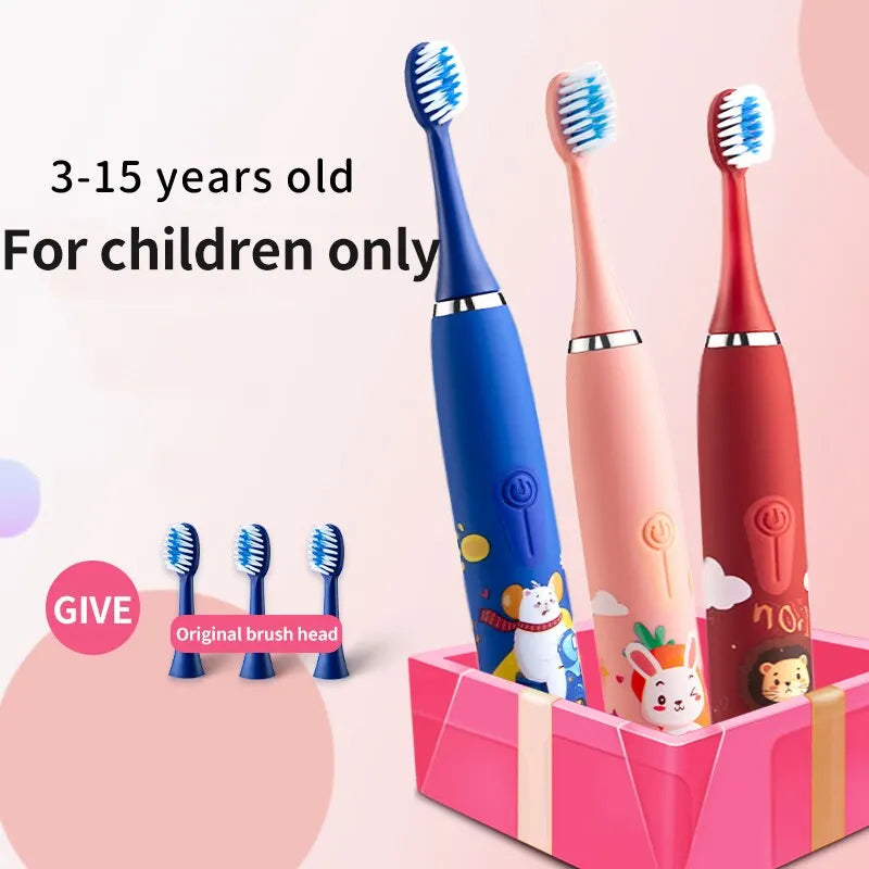 Children's Electric Toothbrush Colorful Cartoon With Replacement Heads Ultrasonic Rechargeable Soft Hair Cleaning Brush for Kids Leedoar