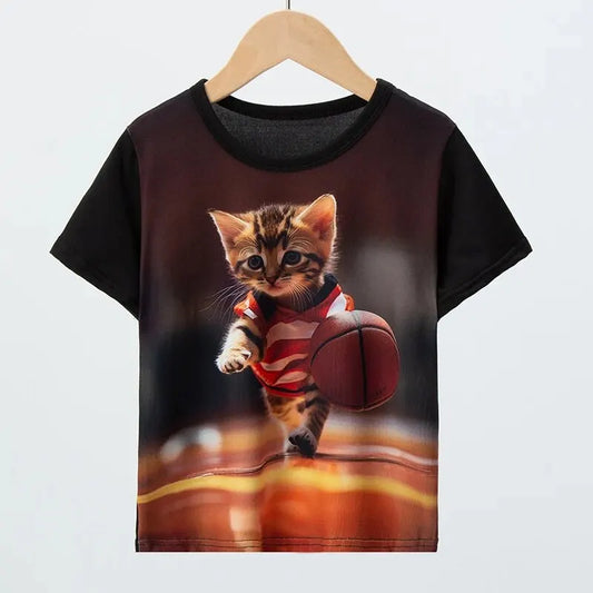 Children's Summer 3D Digital Printing Handsome Sports Cat Pattern Short Sleeve Boys and Girls Casual Joker T-shirt Leedoar