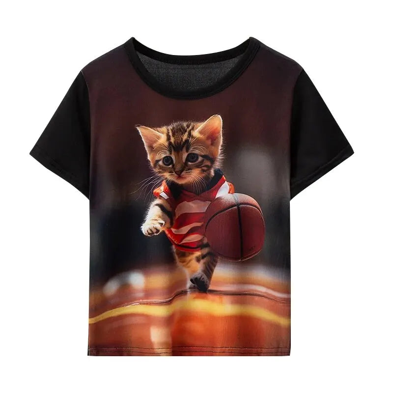 Children's Summer 3D Digital Printing Handsome Sports Cat Pattern Short Sleeve Boys and Girls Casual Joker T-shirt Leedoar