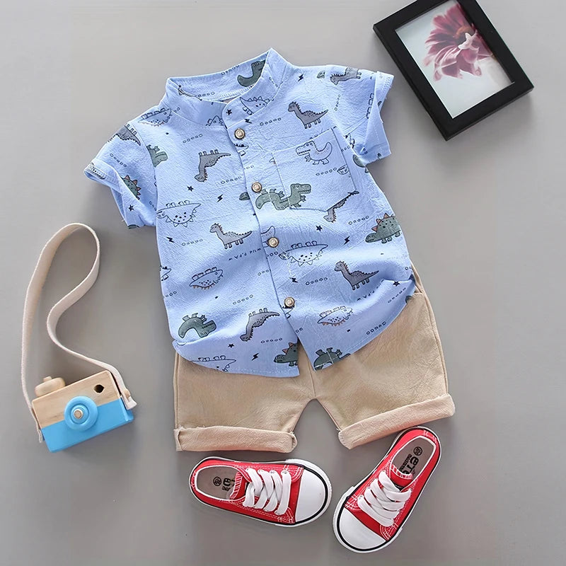 Children's Summer Dinosaur Randomly Printed Shirt Short Sleeve Shorts Set Leedoar