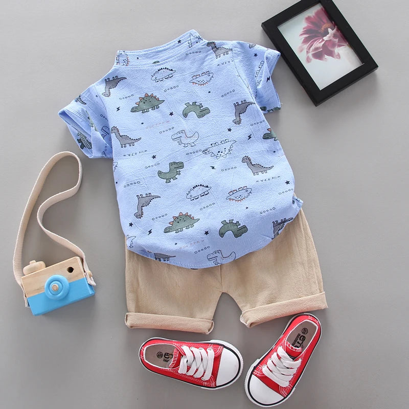 Children's Summer Dinosaur Randomly Printed Shirt Short Sleeve Shorts Set Leedoar