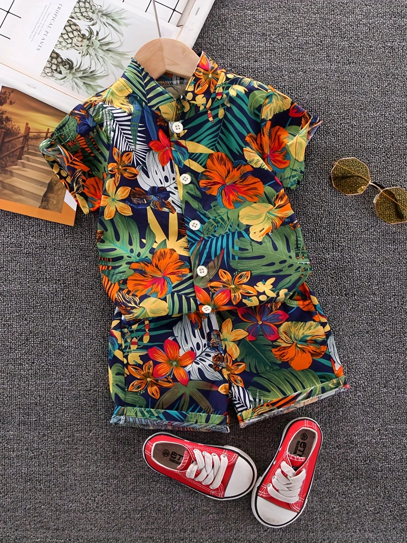 Children's Summer Full Print Leaf Flower Standing Neck Shirt Short Sleeve Set Leedoar