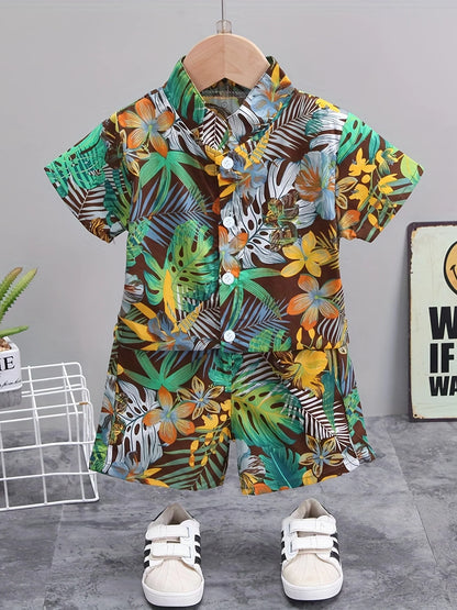 Children's Summer Full Print Leaf Flower Standing Neck Shirt Short Sleeve Set Leedoar