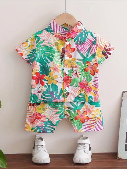 Children's Summer Full Print Leaf Flower Standing Neck Shirt Short Sleeve Set Leedoar