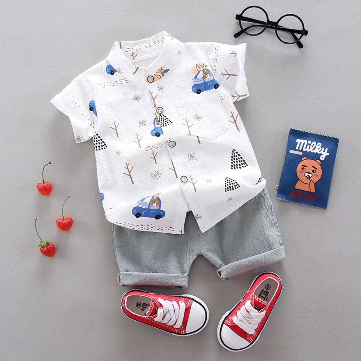 Children's Summer Full Print Teddy Bear Cartoon Shirt Short Sleeved Shorts Set Leedoar