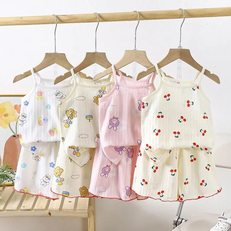 Children's suspender pants skirt set all cotton pajamas home clothing sweat absorbing vest baby air-conditioned clothing Leedoar