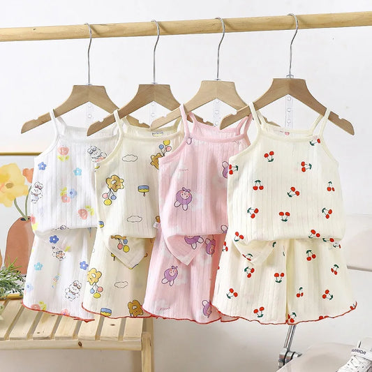 Children's suspender pants skirt set all cotton pajamas home clothing sweat absorbing vest baby air-conditioned clothing Leedoar