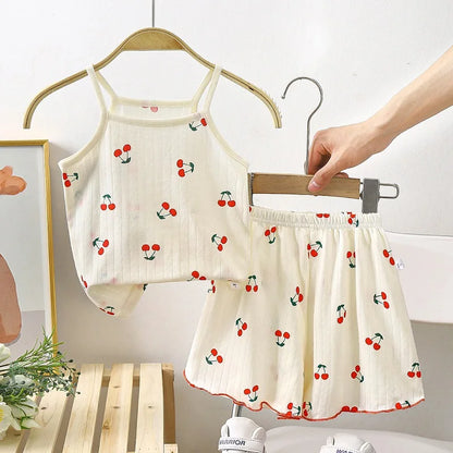 Children's suspender pants skirt set all cotton pajamas home clothing sweat absorbing vest baby air-conditioned clothing Leedoar