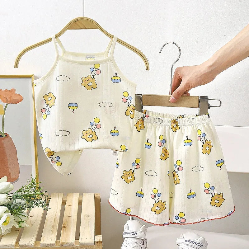 Children's suspender pants skirt set all cotton pajamas home clothing sweat absorbing vest baby air-conditioned clothing Leedoar