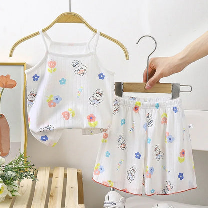 Children's suspender pants skirt set all cotton pajamas home clothing sweat absorbing vest baby air-conditioned clothing Leedoar