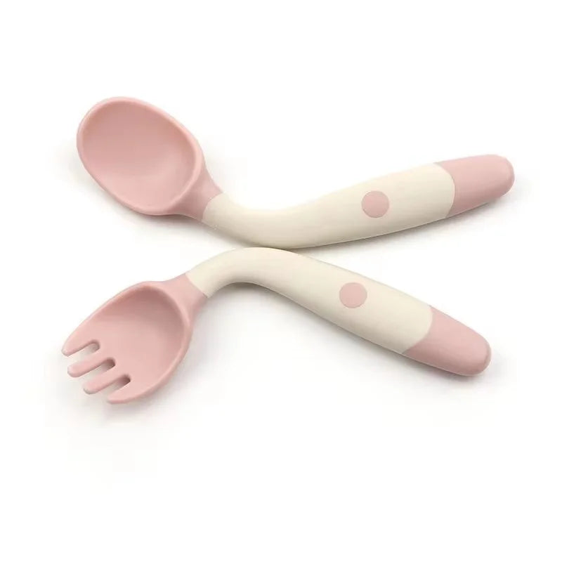 Children's tableware set children learn to eat training tableware twisted fork spoon silicone soft spoon baby bendable spoon Leedoar