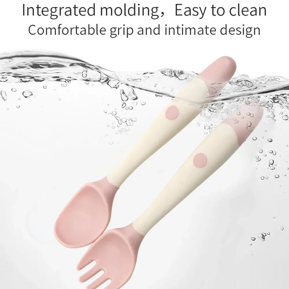 Children's tableware set children learn to eat training tableware twisted fork spoon silicone soft spoon baby bendable spoon Leedoar