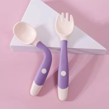 Children's tableware set children learn to eat training tableware twisted fork spoon silicone soft spoon baby bendable spoon Leedoar