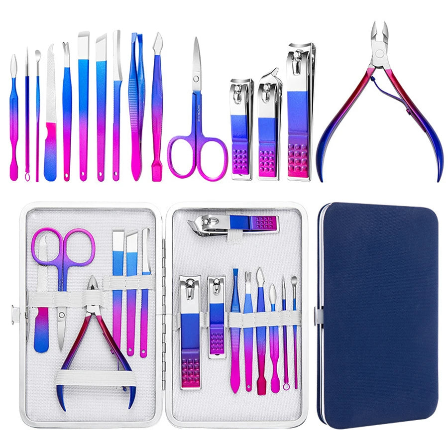 Christmas Gifts Dazzling Colorful Stainless Steel 7-15 Piece Beauty Nail and Eyebrow Repair Set Manicure Set Nail Clippers Leedoar