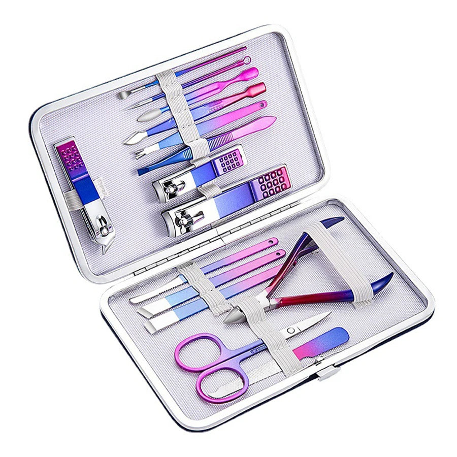 Christmas Gifts Dazzling Colorful Stainless Steel 7-15 Piece Beauty Nail and Eyebrow Repair Set Manicure Set Nail Clippers Leedoar