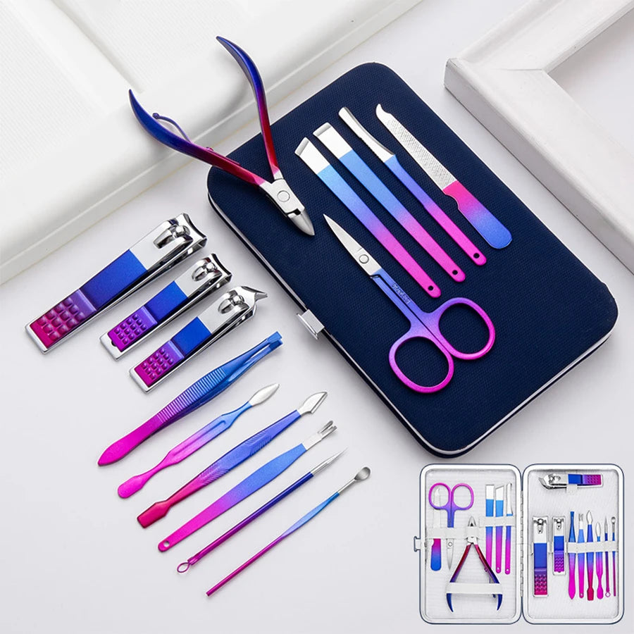 Christmas Gifts Dazzling Colorful Stainless Steel 7-15 Piece Beauty Nail and Eyebrow Repair Set Manicure Set Nail Clippers Leedoar