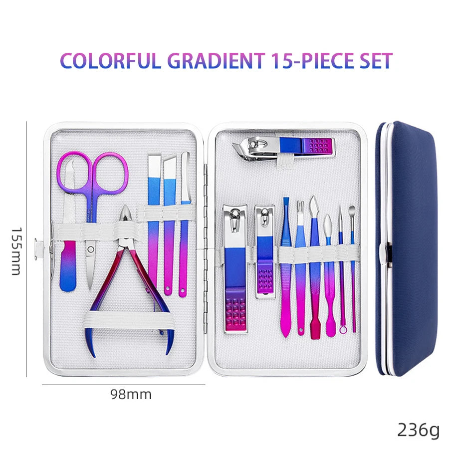 Christmas Gifts Dazzling Colorful Stainless Steel 7-15 Piece Beauty Nail and Eyebrow Repair Set Manicure Set Nail Clippers Leedoar