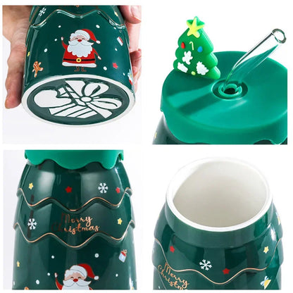 Christmas Idea Elk Snowman Ceramic Cup Originality Christmas Tree Mug Straw with Cover Business Gift Practical Cartoon Mug